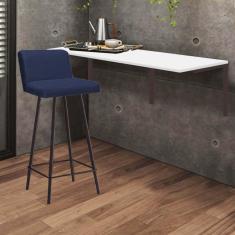Imagem de Kit Mesa Suspensa de Parede Fixa MDF Branco + 1 Banqueta Lexi Ferro Marrom Suede Azul Marinho - Ahazzo Móveis