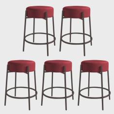 Imagem de Kit 05 Banquetas Alta Sintra 65cm Redonda Ferro Marrom Sintético Vermelho - Ahazzo Móveis