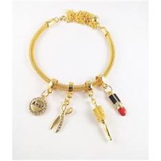 Imagem de Pulseira Berloques Cabeleireira Batom Escova Folheado 18k