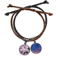 Imagem de DIYthinker Pulseira de couro rosa e branco lindas flores corrente de mão pulseira de couro céu estrelado
