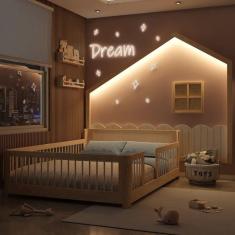 Imagem de Cama Montessoriana Wave Casal com Moldura Infantil Casinha com Led Dream Decor Casatema Branco/Natural