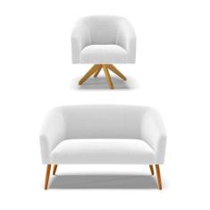 Imagem de Kit 1 Sofá Namoradeira E 1 Poltrona Stella Bouclê Base De Madeira Ma30 - D`rossi Cor Off White