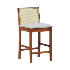 Imagem de Banqueta Média Pérola com 62cm Altura Madeira Maciça Encosto Telinha Assento Estofado Sintético Amêndoa/ Bege