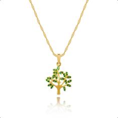 Imagem de Cordão Feminino Ouro 18K 40Cm + Pingente Árvore Da Vida Verde Esmeralda