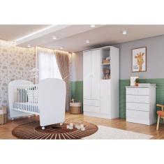 Imagem de Quarto de Bebê Completo com 1 Berço 1 Cômoda 1 Guarda Roupa Arco-Íris Móveis Percasa Branco
