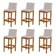 Imagem de Kit 6 Banquetas Alta Pérola com Encosto Estofado Linho Bege Madeira Maciça Castanho