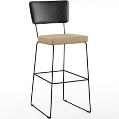 Imagem de Banqueta Alta Cozinha Sala Jantar Fixa Allana L02 Couríssimo Preto Linho Bege Escuro - Lyam Decor