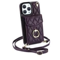 Imagem de Capa de telefone de couro com alça de pulso crossbody para iPhone 13 12 Mini 15 14 11 Pro XS Max XR X 7 8 Plus Carteira com capa de suporte de cartão, roxo profundo, para iPhone 15