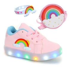 Imagem de Kit Tenis de Menina Com Luzinha Led Pisou Piscou Vem Bolsa e Pulseira Arco Íris Infantil-Feminino
