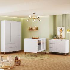 Imagem de Quarto Bebe Retro Lunna 100% MDF Roupeiro Cômoda Com Porta Berço Mini Cama Peternella Branco