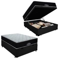 Imagem de Cama Box Baú Casal Suede + Colchão Airtech Molas Ensacadas Antares Ortobom Preto 138cm - Suporta Até 120kg Por Pessoa