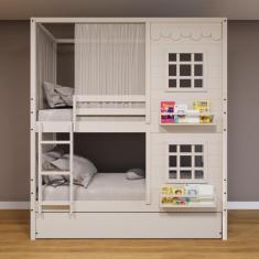 Imagem de Treliche Casinha Reta com 02 Janelas e Cortina Madeira Maciça Branco Housin