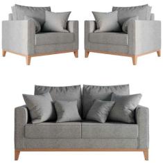 Imagem de Kit Sofá 2 Lugares e 2 Poltronas Beny Base em Madeira Maciça Linho Cin
