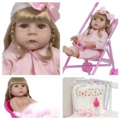 Imagem de Boneca Reborn Menina Fofa Realista Com Carrinho Infantil - Cegonha Reb