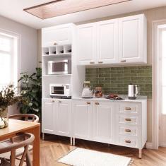 Imagem de Armário De Cozinha Compacta 3 Peças Com Tampo Cristal Luciane Móveis Branco Polar Com Branco Pet E Marmore