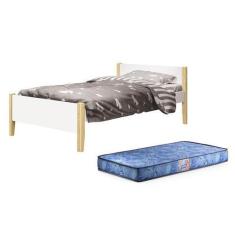 Imagem de Cama Solteiro Simba Branco Fosco Com Pés Madeira Natural E Colchão D20