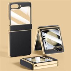 Imagem de Para Samsung Galaxy Zflip 5 Revestimento de luxo com dobradiça de couro puro Capa de telefone para Samsung Z Flip5 Capa traseira de proteção de lente dobrável, preta, para Samsung Z Flip 5