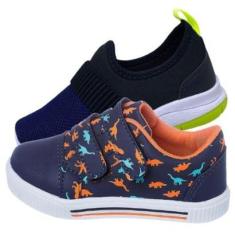 Imagem de Kit 2 Pares de Tênis Infantil Masculino Dinossauro e Calce Facil Marinho-Masculino