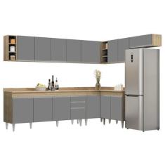 Imagem de Armário de Cozinha Modulado de Canto 8 Peças CP26 Balcão com Tampo Castanho/Cinza - Lumil