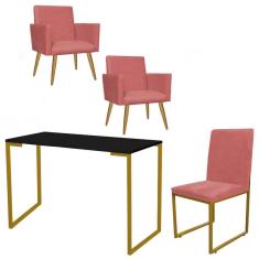 Imagem de Kit Escritório Stan 2 Poltronas com Cadeira e Mesa Industrial Tampo Preto Dourado Suede Rose Gold - Ahz Móveis