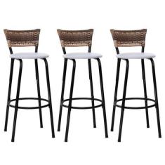 Imagem de Conjunto 3 Banqueta Alta Estrutura Preta Encosto Junco Cappuccino 70cm