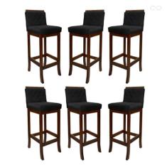 Imagem de Kit 6 Banquetas Alta para Ilha de Cozinha Nice Madeira Castanho Matelassê Suede Preto CCS