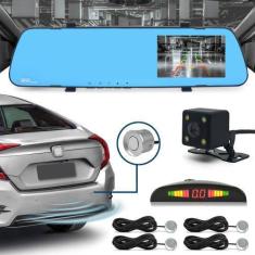 Imagem de Kit Retrovisor C/ Tela + Câmera Ré E Frontal + Sensor Ré Prata Cromado