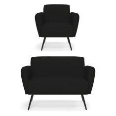 Imagem de Sofá Namoradeira Com Poltrona Pés Palito De Ferro Bruna Linho - D`rossi Cor A79 Preto