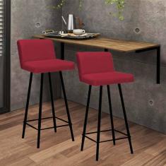 Imagem de Kit Mesa Suspensa de Parede Fixa MDF Castanho + 2 Banquetas Lexi Ferro Preto Sintético Vermelho - Ahazzo Móveis