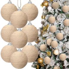 Imagem de Syhood 9 peças de enfeites de bola de Natal de 6 cm Boho Farmhouse juta corda de pendurar bolas de serapilheira neutra ornamentos rústicos para árvore de Natal, guirlanda, guirlanda de casamento, casa