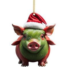 Imagem de Enfeites de Natal para pendurar porco, enfeites de Natal de animais de acrílico 2D, enfeites de árvore de Natal de porco com bola, enfeites fofos de pingente de porco para galhos, árvores, portas,