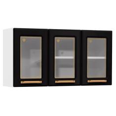 Imagem de Armário Aéreo p/ Cozinha Diamante 3 Portas c/ Vidro 105cm Branco/preto - Telasul