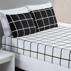 Imagem de Jogo de Lençol Minimalista Casal Queen 3 Peças Percal 200 Fios Quadriculado - Preto