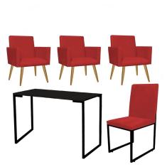 Imagem de Kit Escritório Stan 3 Poltronas com Cadeira e Mesa Industrial Tampo Preto Corino Vermelho - Ahz Móveis