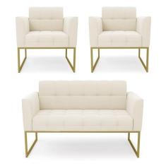 Imagem de Kit 1 Sofá Namoradeira E 2 Poltronas Elisa Veludo Bege Base Metálica I
