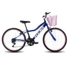 Imagem de Bicicleta Infantil Aro 24 Feminina KOG Quadro Alumínio 18V Com Cestinha para Meninas Azul Signos Branco