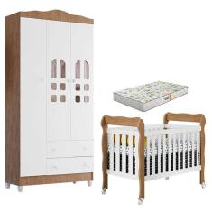 Imagem de Berço Americano Lila e Guarda Roupa Infantil New Selena 3 Portas Branco Acetinado Amadeirado com Colchão Gazin - Carolina Móveis