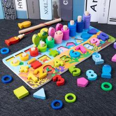 Imagem de Quebra Cabeça Montessori de Madeira 30cm Pesca Peixes Pinos Argolas Números Sinais Formas Geométricas Animais