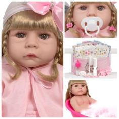 Imagem de Boneca Reborn Loira Corpo 100% Silicone Bolsa 20 Acessórios - Cegonha