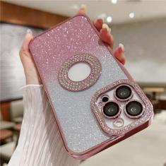 Imagem de Para iPhone 15 Pro Max revestimento de luxo capa de telefone com moldura de diamante flash gradual para iPhone 11 12 13 14 15 Plus capa protetora de lente, capa revestida rosa, para iPhone 14