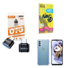 Imagem de Kit Adaptador USB para Tipo C + Capinha Motorola G31 + Película 9D - H