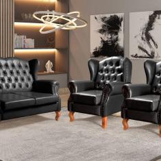 Imagem de Conjunto Imperador Sofá com Poltronas Chesterfield Decoração Retrô Vintage Preto