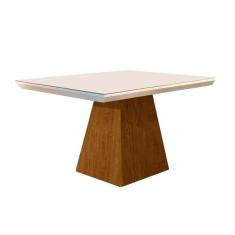 Imagem de Mesa p/ Cozinha Luna c/ Tampo 120x80cm Flex Madeirado Vidro Canto Curvo - Imbuia/Ripado 3D/Off White - Rufato