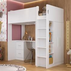 Imagem de Cama Alta Infantil/Juvenil Com Escrivaninha, Armário E Nichos - Foscar