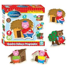 Imagem de Quebra-cabeça Progressivo Os Três Porquinhos Madeira 30Pçs