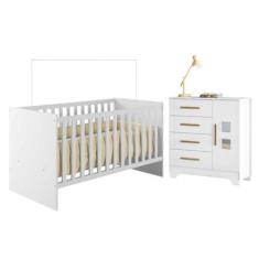 Imagem de Quarto de Bebê com Berço com Suporte 100% Mdf Life e Cômoda 4 Gavetas 1 Porta Fly 100% Mdf Branco
