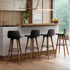 Imagem de Banqueta Alta Preta Linea Luxo Pes de Madeira Maciça Com Apoio Para Os