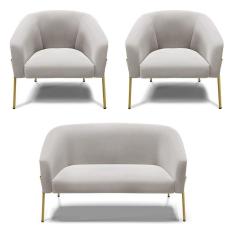Imagem de Sofá Namoradeira E 2 Poltronas Pé De Ferro Dourado Stella Veludo Cinza D03 - D'rossi