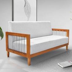 Imagem de Sofá Namoradeira 2 Lugares Sala de Estar Pés Madeira Maciça Corda Náutica Preta 160cm Manila Linho Cinza Rústico G63 - Gran Belo