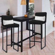 Imagem de Kit 02 Banqueta Alta com Encosto Lucca Industrial Cozinha Balcão Ferro Preto Corino Preto e Almofada Branco - Ahazzo Móveis